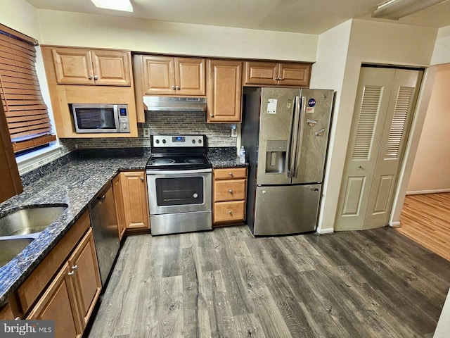 kitchen with tasteful backsplash, dark stone counters, stainless steel appliances, sink, and hardwood / wood-style floors