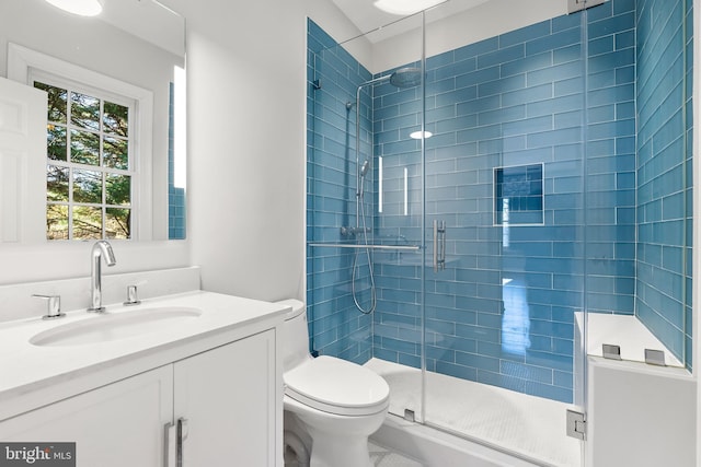 bathroom featuring vanity, toilet, and a shower with shower door