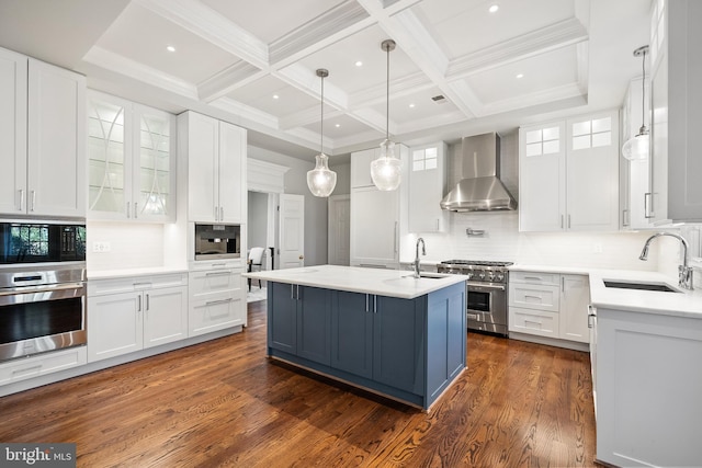 kitchen featuring white cabinets, sink, high end stainless steel range, wall chimney exhaust hood, and an island with sink