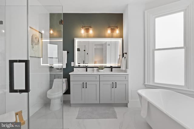 bathroom with a tub, vanity, and toilet