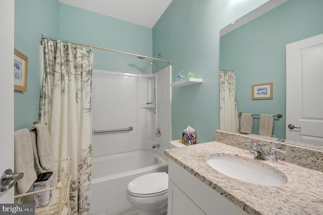 full bathroom with vanity, toilet, and shower / bathtub combination with curtain