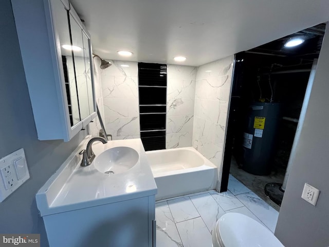 120 S Haven St, Baltimore, MD 21224 - full bathroom featuring electric water heater, vanity, marble look tiles, toilet, and recessed lighting