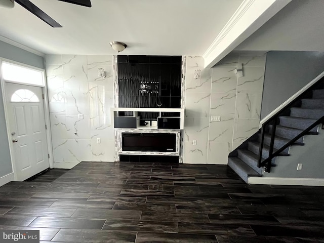 120 S Haven St, Baltimore, MD 21224 - entryway featuring stairway, wood finish floors, ornamental molding, and ceiling fan