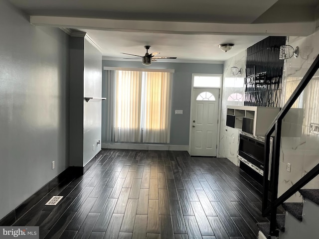 120 S Haven St, Baltimore, MD 21224 - foyer featuring dark wood-style flooring, baseboards, ceiling fan, stairway, and ornamental molding