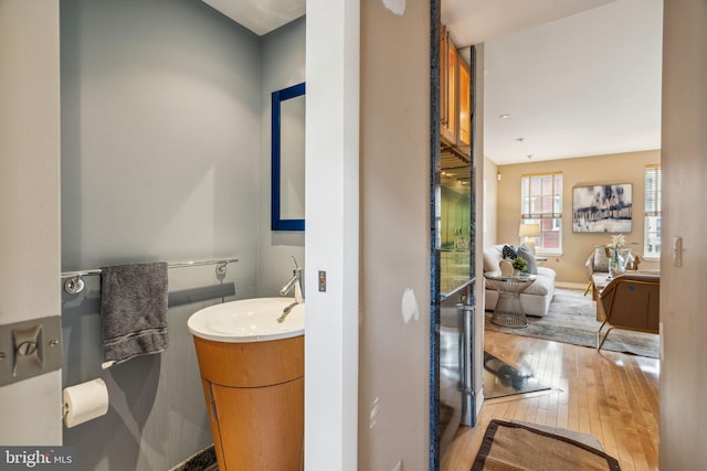 bathroom featuring vanity and wood-type flooring