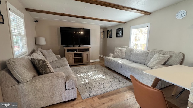 living room featuring light hardwood / wood-style flooring and beamed ceiling