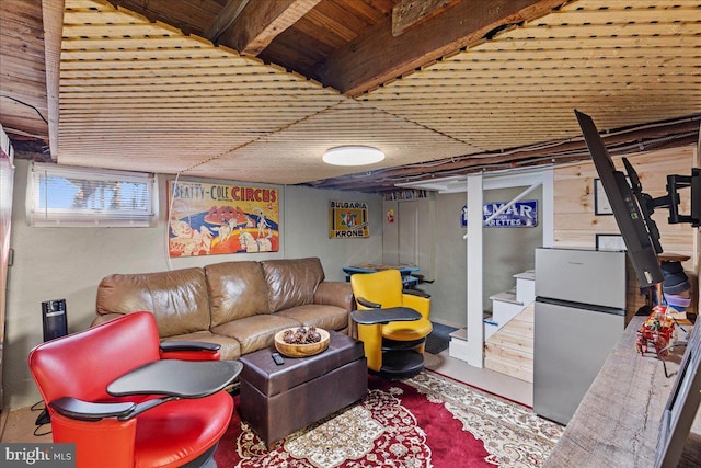 basement with stainless steel fridge