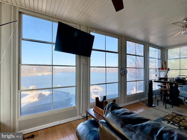 living room featuring ceiling fan, plenty of natural light, and light hardwood / wood-style flooring