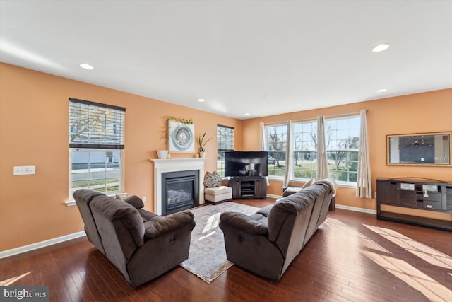 living room featuring dark wood-type flooring and a healthy amount of sunlight