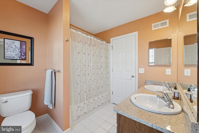 full bathroom featuring tile patterned flooring, vanity, shower / bath combination with curtain, and toilet