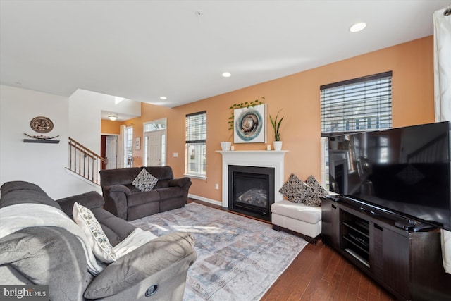 living room with dark hardwood / wood-style flooring