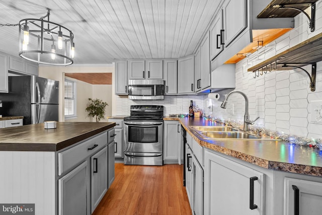 kitchen with gray cabinetry, backsplash, sink, light hardwood / wood-style flooring, and appliances with stainless steel finishes