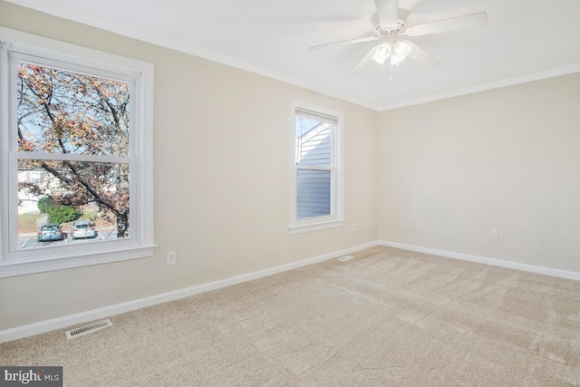 carpeted spare room with ceiling fan and crown molding