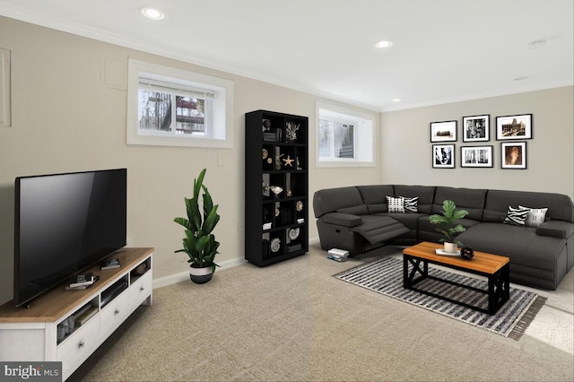 living room with crown molding and light carpet