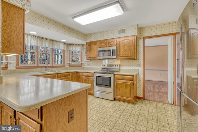 kitchen with kitchen peninsula, stainless steel appliances, and sink