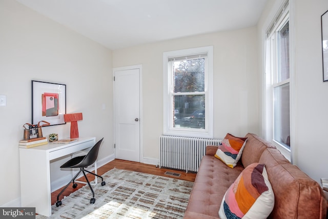 office featuring radiator heating unit and light hardwood / wood-style flooring