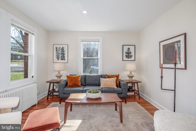 living room with radiator heating unit and light wood-type flooring