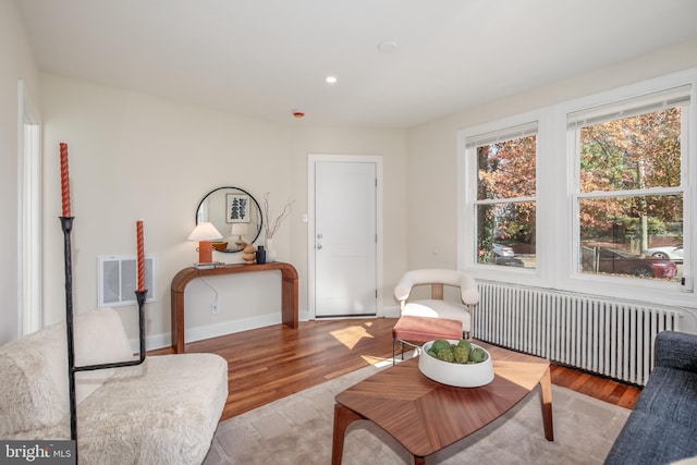 living area featuring radiator and wood-type flooring