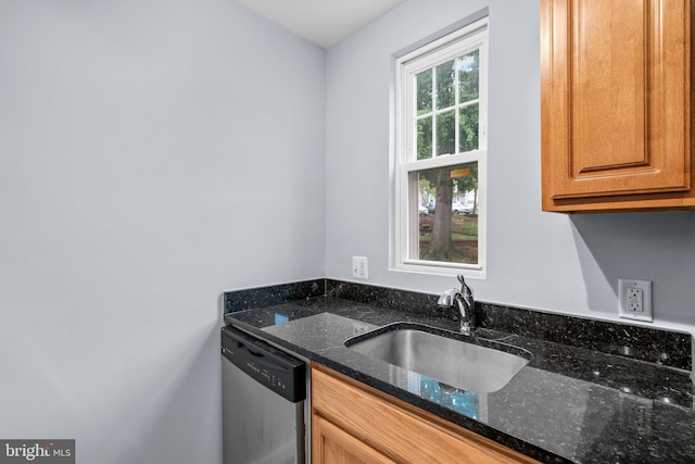 kitchen with dark stone counters, sink, and stainless steel dishwasher