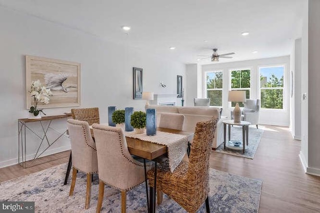 dining area featuring wood-type flooring and ceiling fan