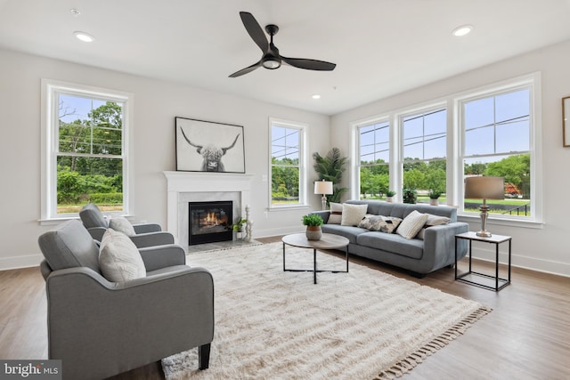 living room with a premium fireplace, light hardwood / wood-style flooring, and ceiling fan