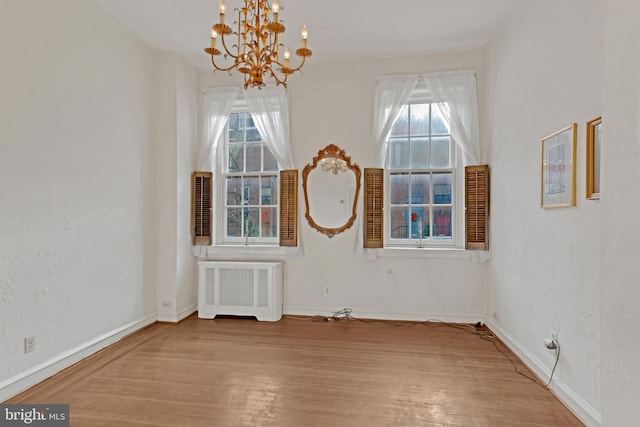 empty room with radiator heating unit, light hardwood / wood-style floors, and a healthy amount of sunlight