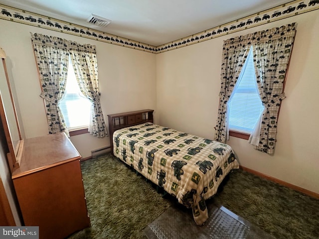 bedroom with dark carpet and baseboard heating