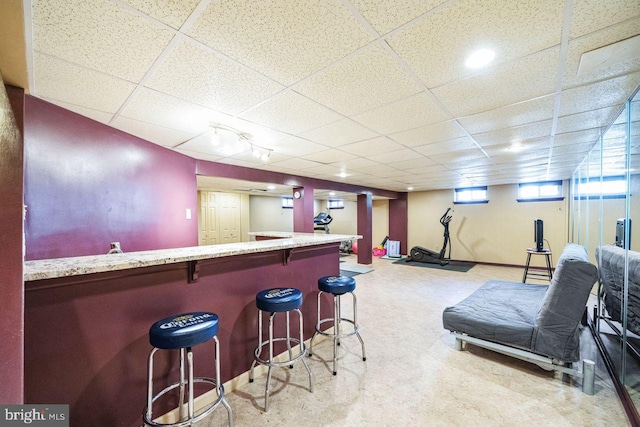 bar featuring a paneled ceiling and carpet