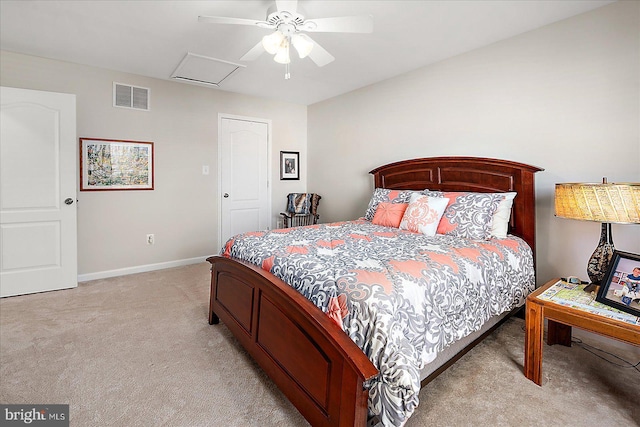 carpeted bedroom with ceiling fan