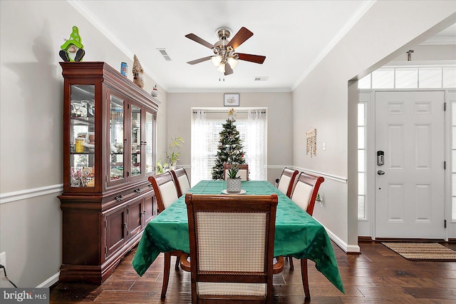 dining room with ornamental molding, ceiling fan, and dark wood-type flooring