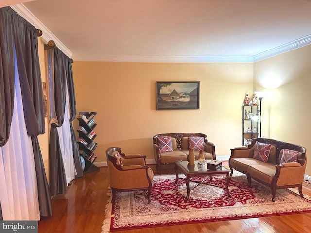 living room with dark hardwood / wood-style floors and ornamental molding