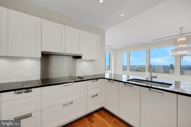 kitchen with black electric cooktop, white cabinetry, tasteful backsplash, and sink