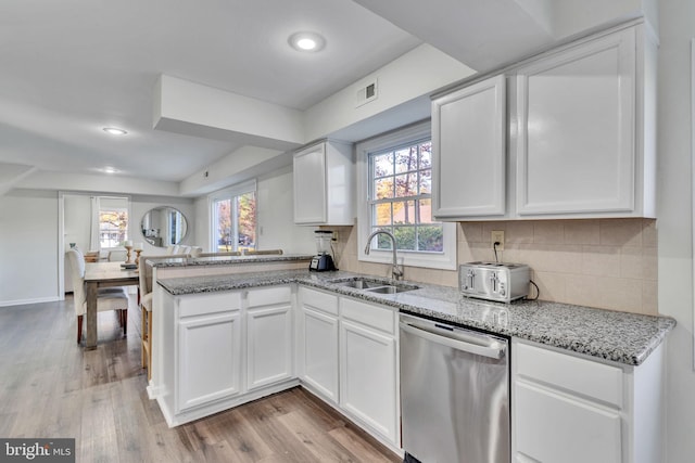 kitchen with sink, white cabinets, stainless steel dishwasher, and plenty of natural light