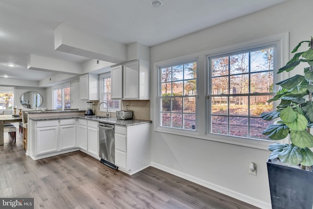 kitchen featuring white cabinets, plenty of natural light, dishwasher, and kitchen peninsula