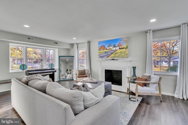 living room with a fireplace, dark hardwood / wood-style floors, and a healthy amount of sunlight