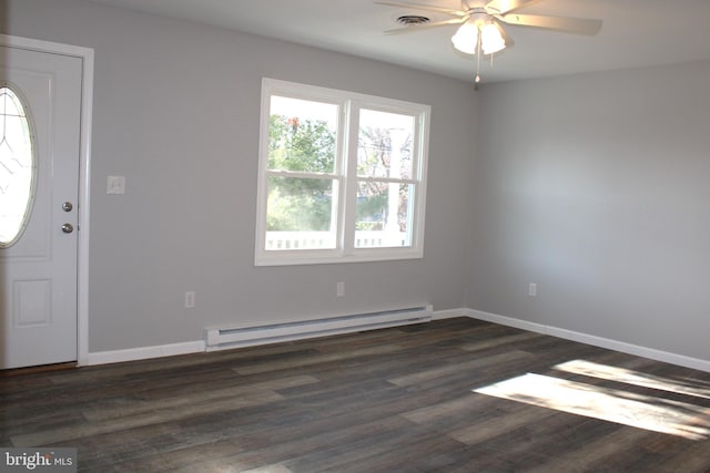 entrance foyer featuring ceiling fan, dark hardwood / wood-style flooring, and a baseboard radiator