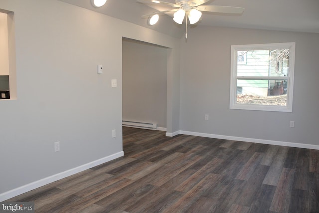 unfurnished room with ceiling fan, dark wood-type flooring, vaulted ceiling, and a baseboard heating unit