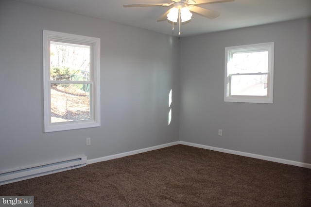 unfurnished room featuring carpet floors, ceiling fan, and a baseboard heating unit