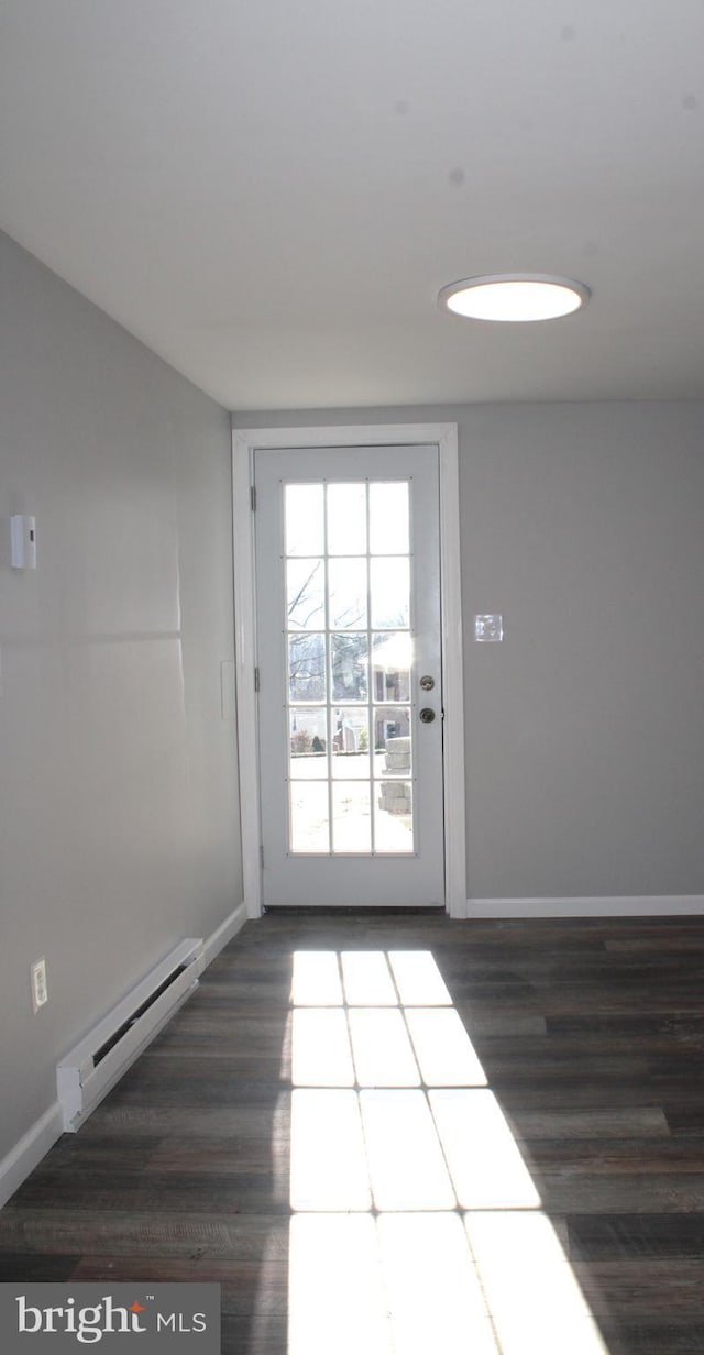 doorway to outside with dark hardwood / wood-style flooring and a baseboard radiator