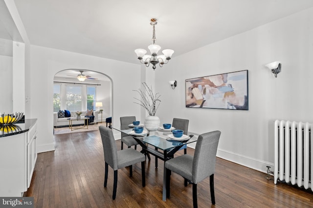 dining room featuring ceiling fan with notable chandelier, radiator, and dark wood-type flooring