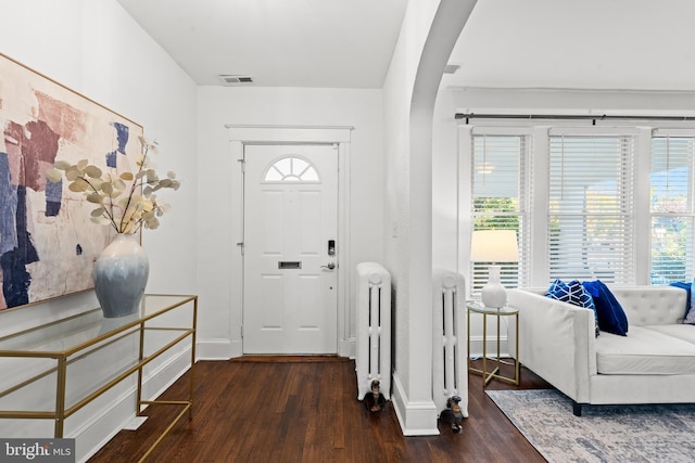 foyer entrance featuring radiator, a healthy amount of sunlight, and dark wood-type flooring