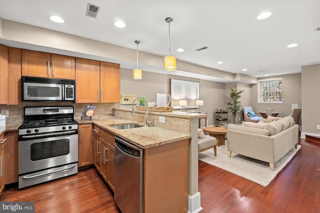 kitchen featuring kitchen peninsula, sink, stainless steel appliances, and dark hardwood / wood-style flooring