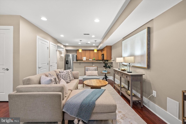 living room with dark wood-type flooring