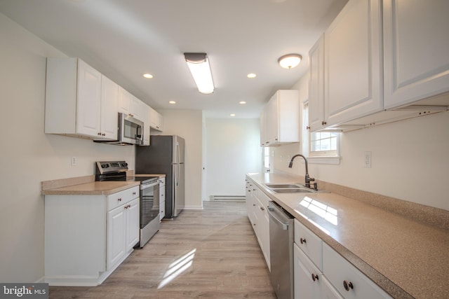 kitchen with white cabinets, sink, light hardwood / wood-style flooring, baseboard heating, and stainless steel appliances