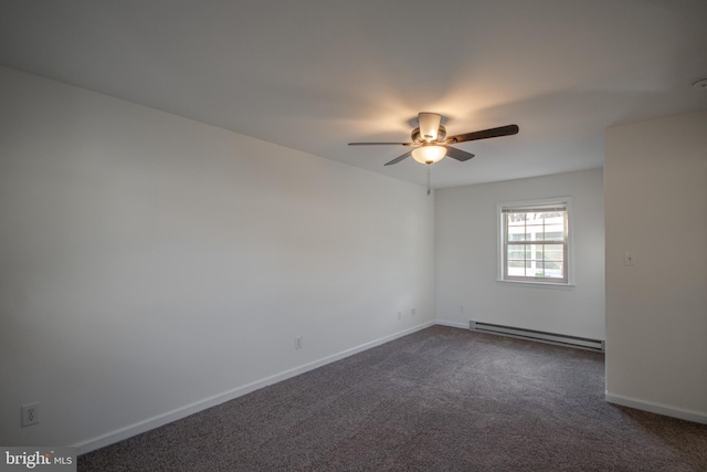 spare room featuring ceiling fan, dark carpet, and a baseboard heating unit