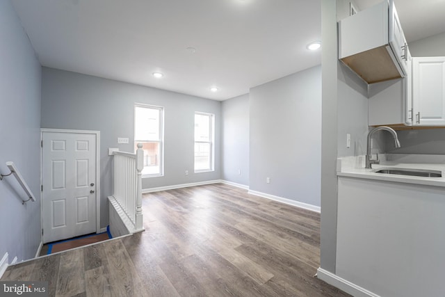 interior space with white cabinets, wood-type flooring, and sink