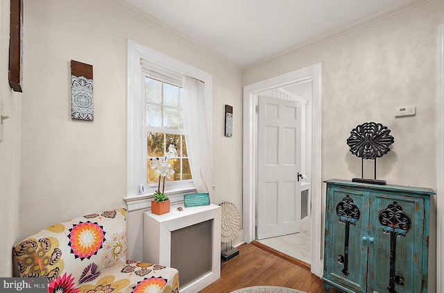 living area featuring light hardwood / wood-style floors and ornamental molding