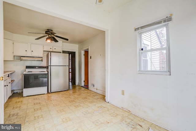 kitchen with white cabinets, ceiling fan, white appliances, and exhaust hood