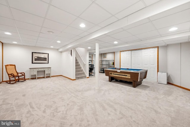 rec room featuring light colored carpet and pool table