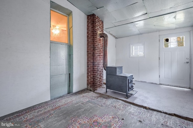 basement with a wood stove